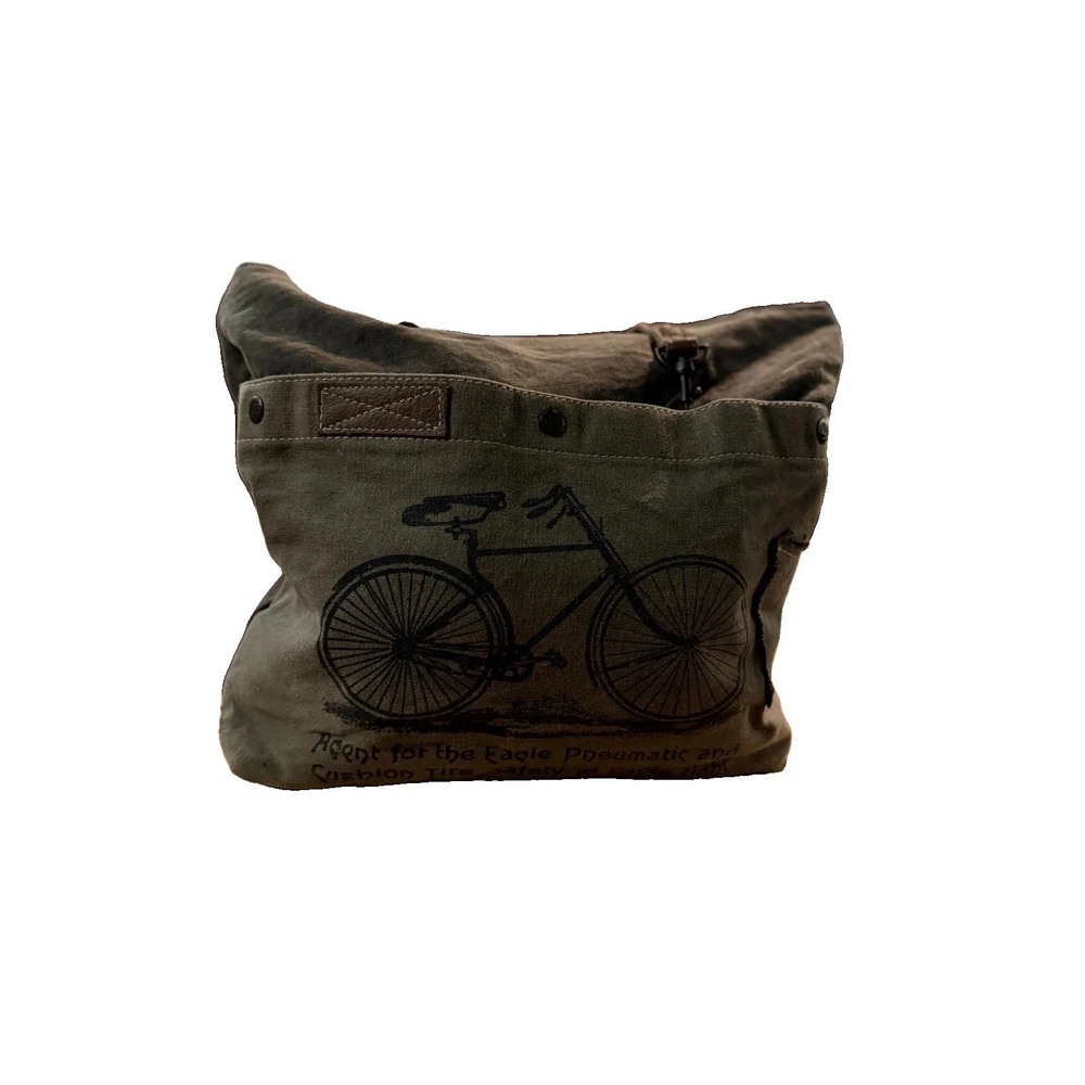 Vintage Myra Bag Womens Olive Green Canvas Bicycle Graphic Double Handle Handbag